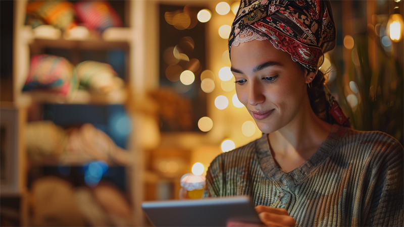 alt="Woman wearing a patterned headscarf and reading reviews on a tablet, highlighting the importance of customer feedback before buying online"