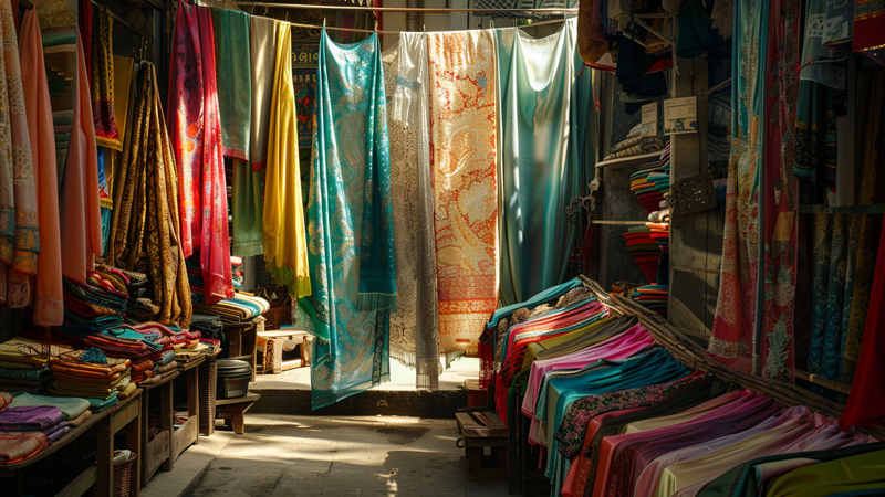 alt="Colorful silk scarves displayed in a market, representing wholesale sourcing options for silk scarves with the best deals"