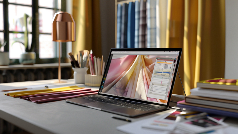 alt="Laptop displaying silk fabric designs in a studio, representing top wholesale suppliers for high-quality silk scarves"