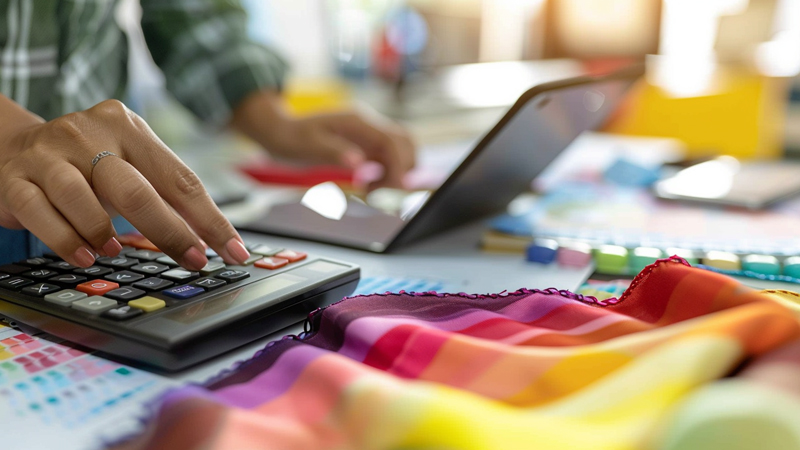 alt="Person using a calculator beside colorful silk fabric samples, showing how to evaluate bulk purchase discounts for wholesale scarves"