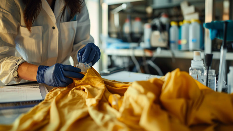 alt="Technician inspecting yellow silk fabric in a laboratory, representing quality assurance processes used by wholesale vendors"