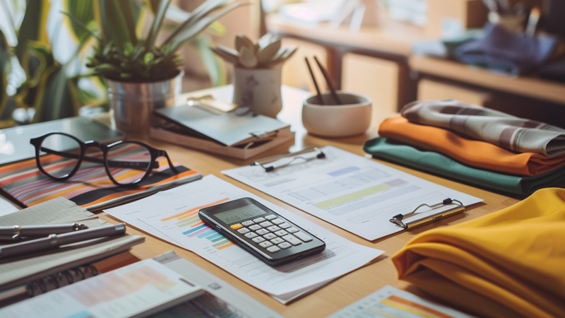 alt="Wholesale silk scarf order planning with calculator, fabric samples, and shipping documents on a workspace, symbolizing MOQ and delivery cost management"