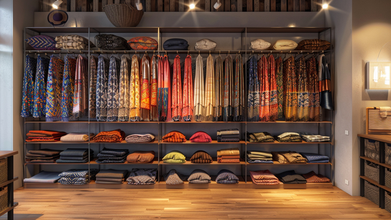 alt="Display of different types of women’s scarves including silk, wool, cotton, and patterned wraps organized by color and texture in a boutique setting"