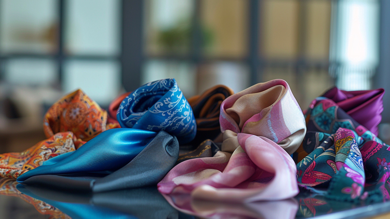 alt="Collection of women’s scarves in various colors and patterns, showcasing casual to formal styles made of silk, satin, and printed fabrics"