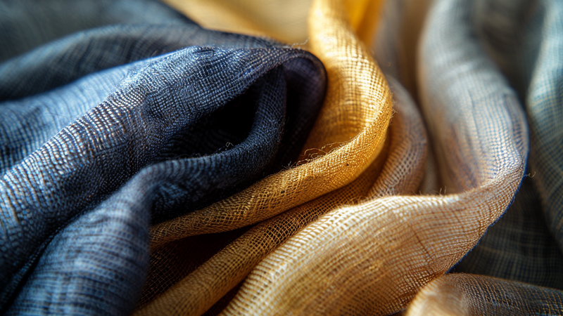alt="Close-up of textured women's scarves in navy, gold, and beige tones, highlighting material and weave variations that influence scarf style and drape"