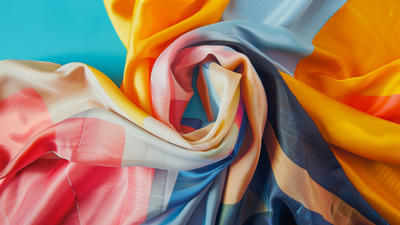 alt="Colorful women's scarves in bright seasonal shades of yellow, blue, and coral arranged in soft folds, reflecting current fashion trends in scarf design"
