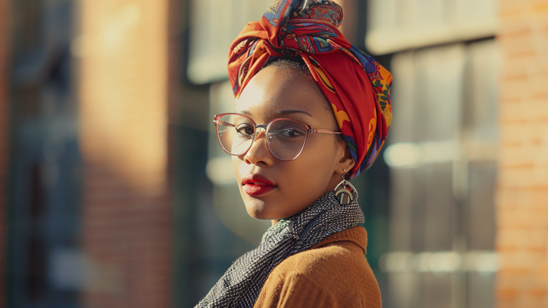 alt="Stylish woman wearing a vibrant patterned headscarf and textured neck scarf, showcasing versatile ways to style scarves for different occasions"