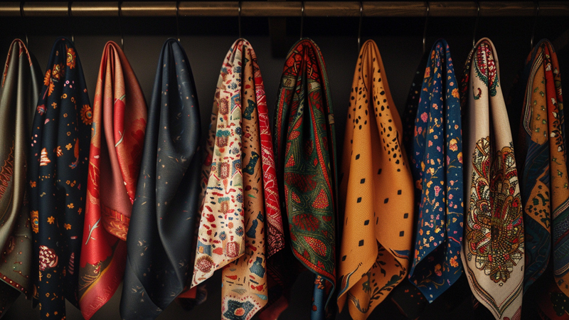 alt="A collection of colorful fashion headscarves with various prints and textures hanging neatly, showcasing diverse designs and styles"