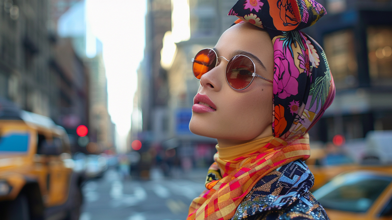 alt="Stylish woman wearing a trendy floral fashion headscarf and sunglasses on a city street, showcasing modern urban headscarf trends"