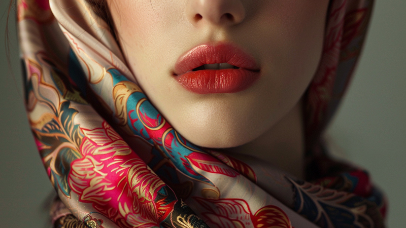 alt="Close-up of a woman wearing a luxurious designer headscarf with bold floral prints, representing high-fashion headscarf collections by top designers"