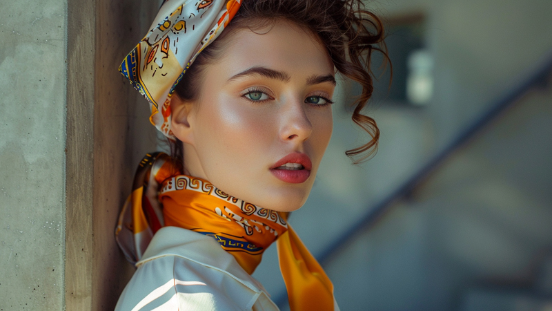 alt="Woman wearing a stylish orange patterned headscarf tied around her hair and neck, demonstrating versatile ways to style fashion headscarves for different looks"