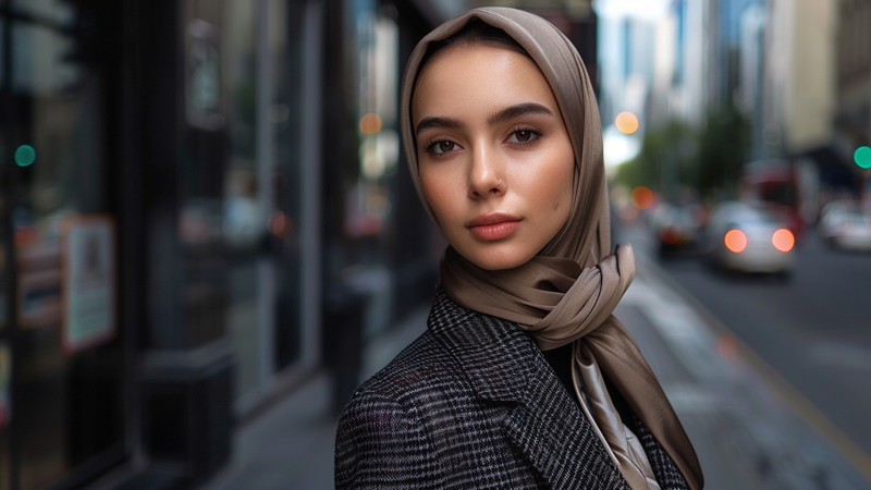 alt="Elegant woman wearing a beige fashion headscarf styled with a modern plaid blazer, showing how to integrate headscarves into contemporary wardrobes effectively"