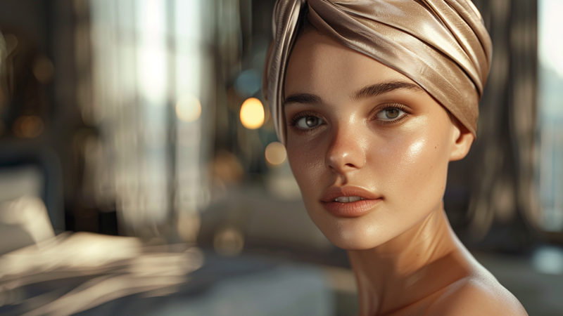 alt="Elegant woman with a shaved head wearing a smooth satin head wrap, showing the best-looking way to cover a shaved head with style and confidence"