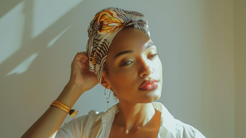 alt="Stylish woman wearing a patterned headscarf tied elegantly to cover a shaved head, showing fashionable and confident scarf options"