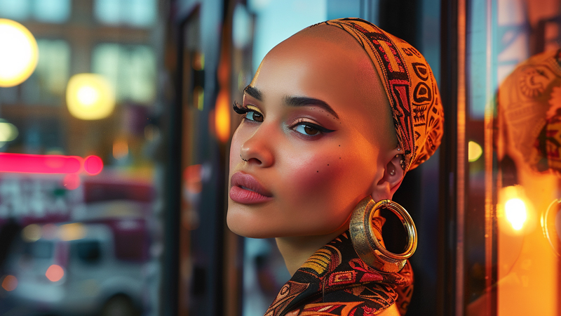 alt="Confident woman with a shaved head accessorized with a patterned headscarf and large hoop earrings, demonstrating how to achieve a polished and stylish look"