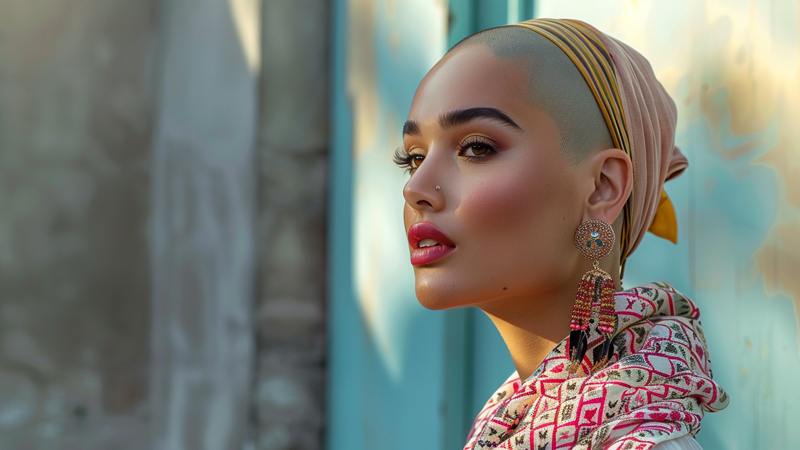 alt="Woman with a shaved head wearing a lightweight headscarf and decorative earrings, showing a comfortable and breathable styling option for everyday wear"