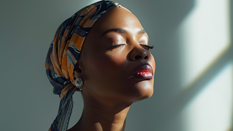 alt="Confident woman with a shaved head wearing a patterned headscarf, eyes closed under sunlight, symbolizing empowerment and self-assurance through elegant scarf styling"