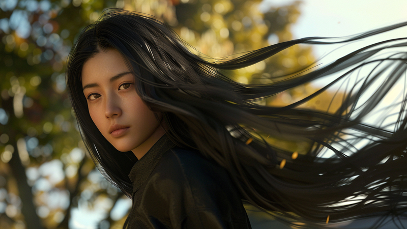 alt="Woman outdoors with long hair blowing in the wind, illustrating how wind can cause tangles and the importance of protective hairstyles and hair care routines"