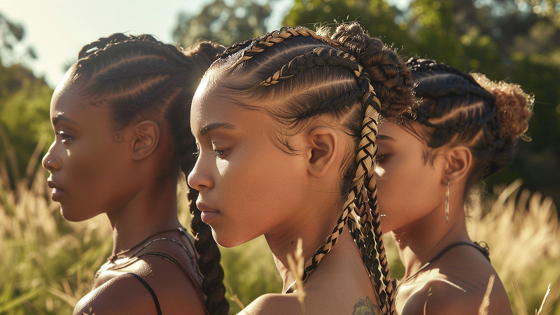 alt="Three women wearing protective braided hairstyles outdoors, showcasing how braids and cornrows help prevent tangling and breakage caused by wind"