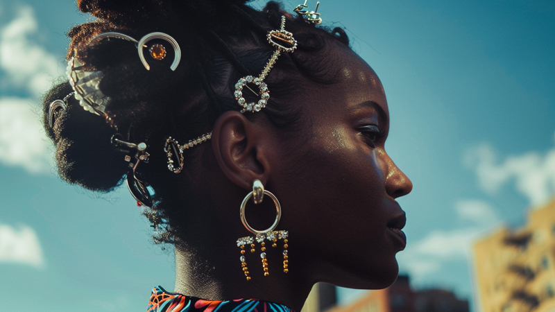 alt="Woman wearing decorative hair accessories and jewelry that secure her hairstyle, showing how clips and pins can protect hair from wind tangling"