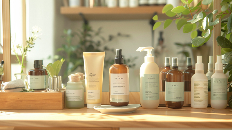alt="Hair care products including conditioners, detangling sprays, and serums arranged neatly on a wooden shelf with plants, showing essentials for preventing tangles and protecting hair from wind"