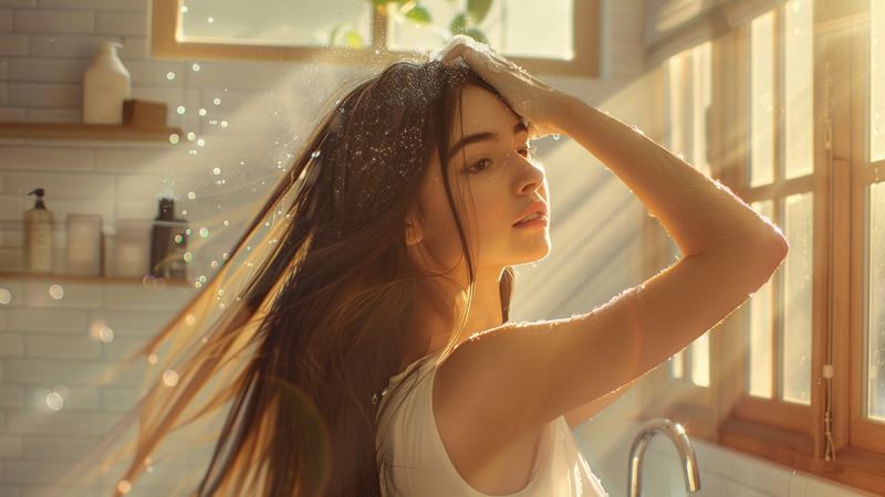 alt="Woman running fingers through long shiny hair in morning sunlight near a window, representing daily hair care routine steps that help reduce tangling from the wind"