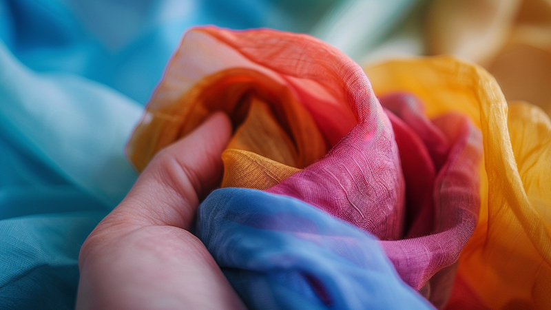 alt="Hand gently holding colorful lightweight hijab fabrics in soft focus, symbolizing care and proper washing frequency for maintaining head scarf cleanliness and fabric quality"