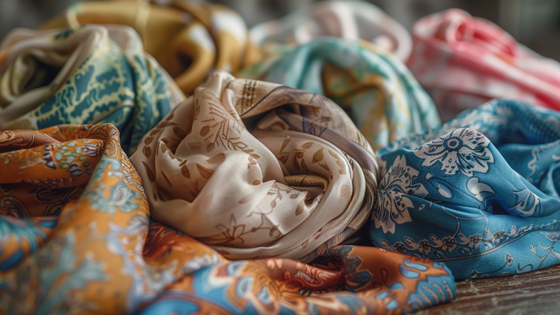 alt="Collection of colorful patterned hijabs in soft folds, showing fabric diversity that affects how often a head scarf should be washed based on material and wear conditions"