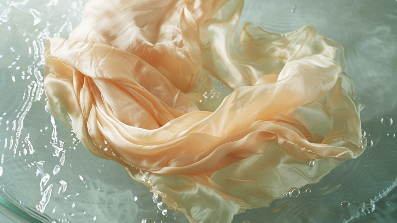 alt="Soft silk head scarf being gently hand-washed in clear water, illustrating proper washing techniques for delicate hijab materials like silk and chiffon"