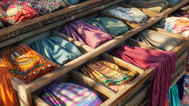 alt="Organized collection of neatly folded head scarves in wooden drawers, showing how proper washing and storage help maintain hijab quality and longevity"