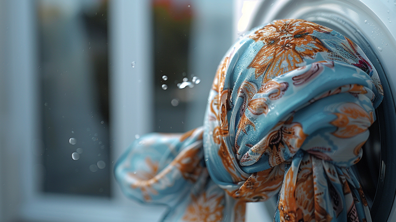 alt="Floral patterned head scarf caught in washing machine door, illustrating common washing mistakes like overloading or harsh spin cycles when cleaning hijabs"