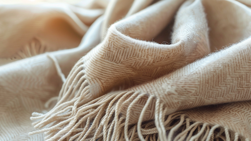 alt="Soft beige pashmina scarf with delicate fringe detail, illustrating the gentle texture and weave that require careful hand washing"