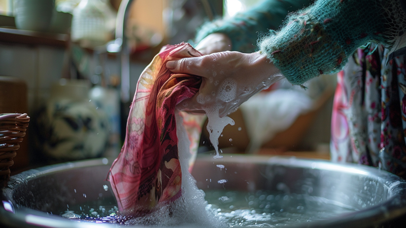 alt="Hand washing a colorful pashmina scarf in soapy water, showing gentle care steps for delicate scarves like pashmina and silk"
