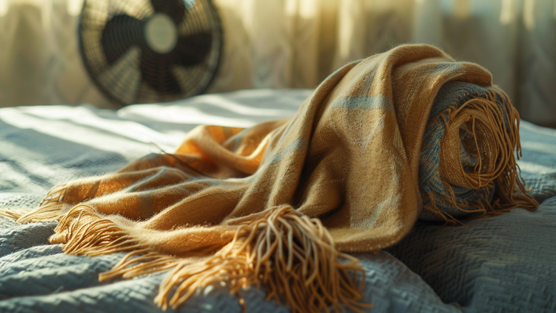 alt="Rolled beige pashmina scarf drying naturally on a bed under soft sunlight, showing the best way to air dry pashmina scarves to maintain softness and shape"