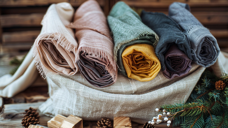 alt="Rolled pashmina scarves in soft neutral and earthy tones neatly stored in a fabric basket, showing the best long-term storage method to preserve quality and texture"