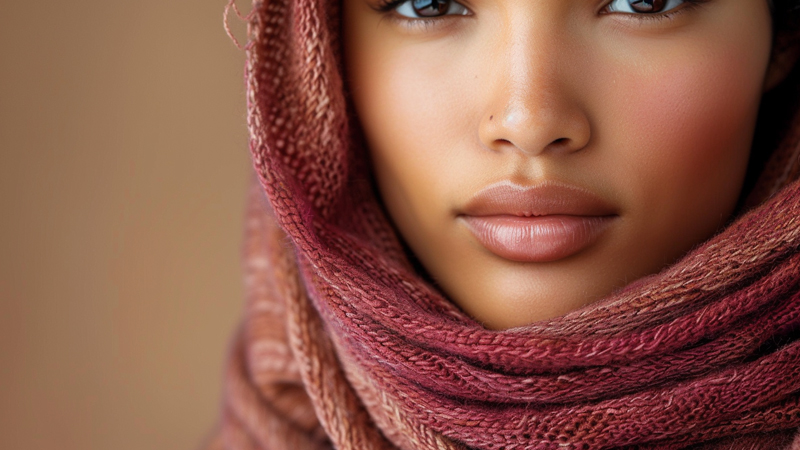 alt="Close-up of woman wearing a soft pashmina scarf around her face, highlighting the gentle texture that protects hair and skin while keeping warmth and comfort"