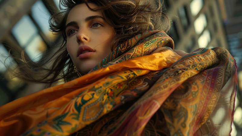 alt="Woman wearing a colorful patterned pashmina scarf blowing in the wind, showing how pashmina scarves can serve as a bold and elegant fashion statement"