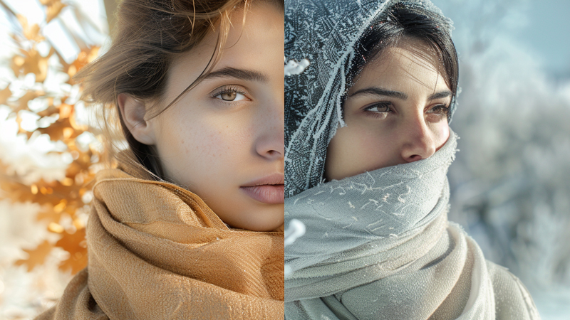 alt="Women wearing pashmina scarves in warm and cool tones for autumn and winter, showing how pashmina scarves can be adapted for different seasons"
