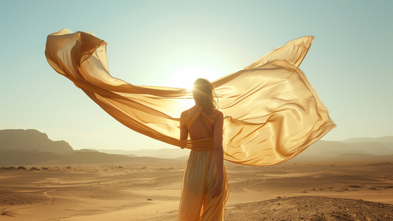 alt="Woman standing in the desert with a flowing silk scarf glowing under the sun, showing how lightweight 100% silk scarves can be worn comfortably in summer heat"