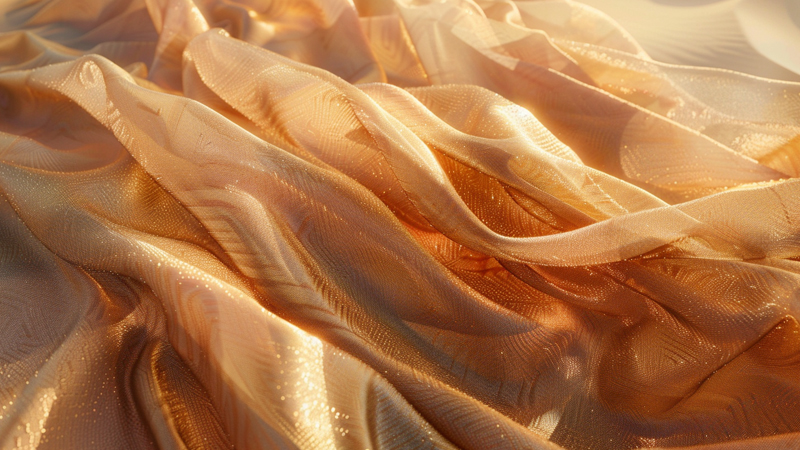 alt="Close-up of soft golden silk fabric shimmering under sunlight, showing the breathable and cooling benefits of silk in hot desert climates"