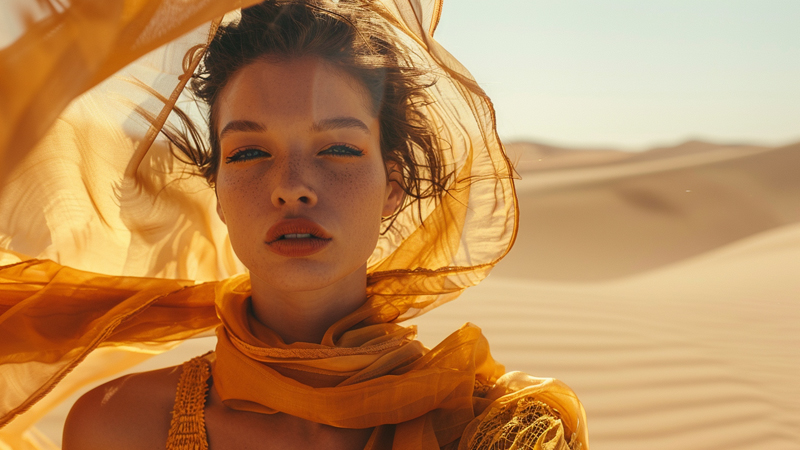 alt="Woman wearing a flowing yellow silk scarf in the desert, illustrating how silk provides breathability and comfort in hot summer weather"