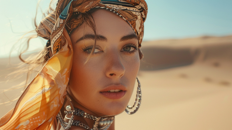 alt="Woman wearing a patterned silk scarf styled as a headwrap in the desert, showing practical and stylish ways to wear silk scarves in hot, sunny environments"