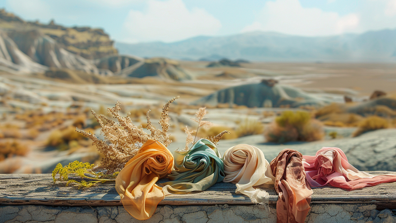alt="Colorful silk scarves in soft desert tones laid out under natural sunlight, showing how to choose the right lightweight silk scarf for desert conditions"