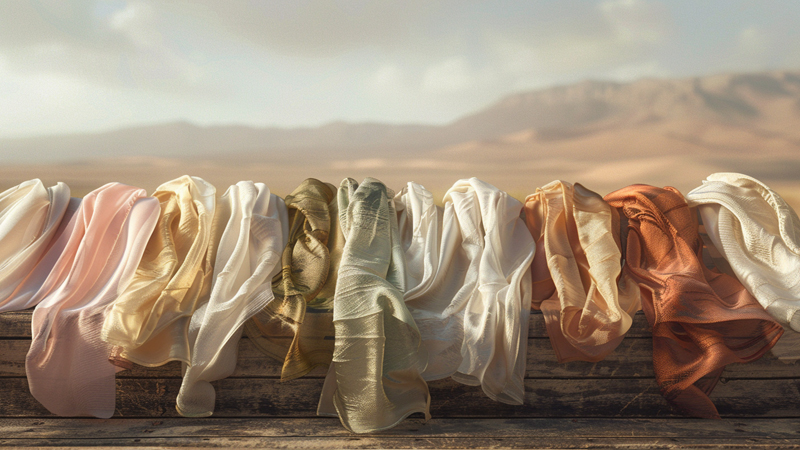 alt="Row of soft silk scarves in natural tones laid out under sunlight, showing how using silk scarves can help prevent hair breakage and damage while riding a motorcycle"
