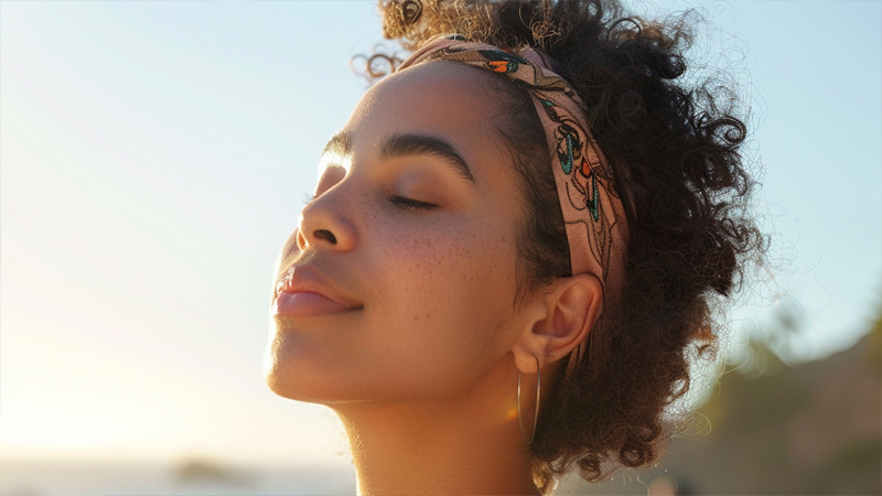 alt="Woman wearing a soft silk hairband outdoors with eyes closed, illustrating the comfort and breathability of silk accessories in warm weather"