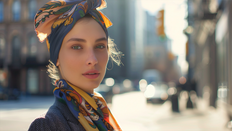 alt="Woman wearing a patterned silk scarf styled as a headwrap and neck accessory, showing versatile styling options for silk hairbands and scarves"