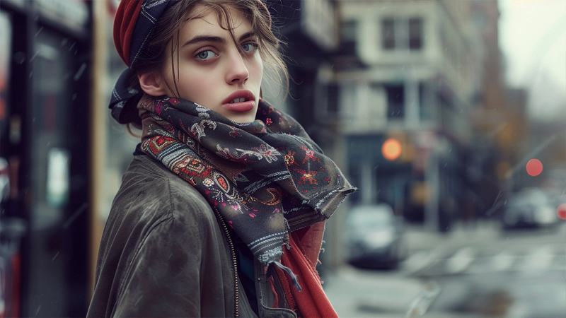 alt="Woman wearing a patterned scarf styled as a headwrap and neck accessory, showing how a scarf can be worn as a versatile fashion accessory in urban settings"