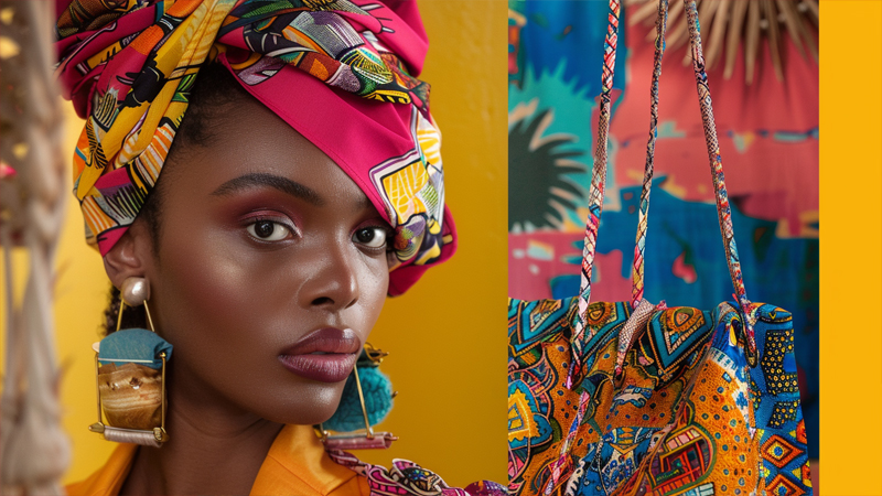 alt="Woman wearing a vibrant patterned scarf as a headwrap with matching accessories, showing creative and colorful ways to accessorize with scarves"