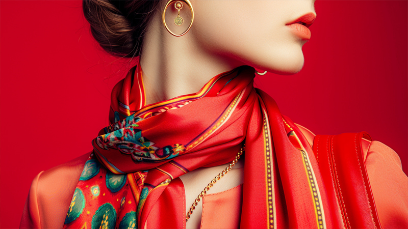 alt="Woman wearing a red patterned silk scarf with gold jewelry and handbag, showing how to match scarves with accessories for a cohesive and elegant look"