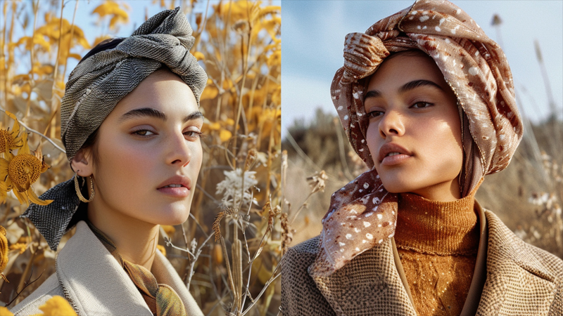 alt="Women wearing scarves as stylish headwraps in autumn tones, showing seasonal styling tips to enhance the use of scarves as accessories"